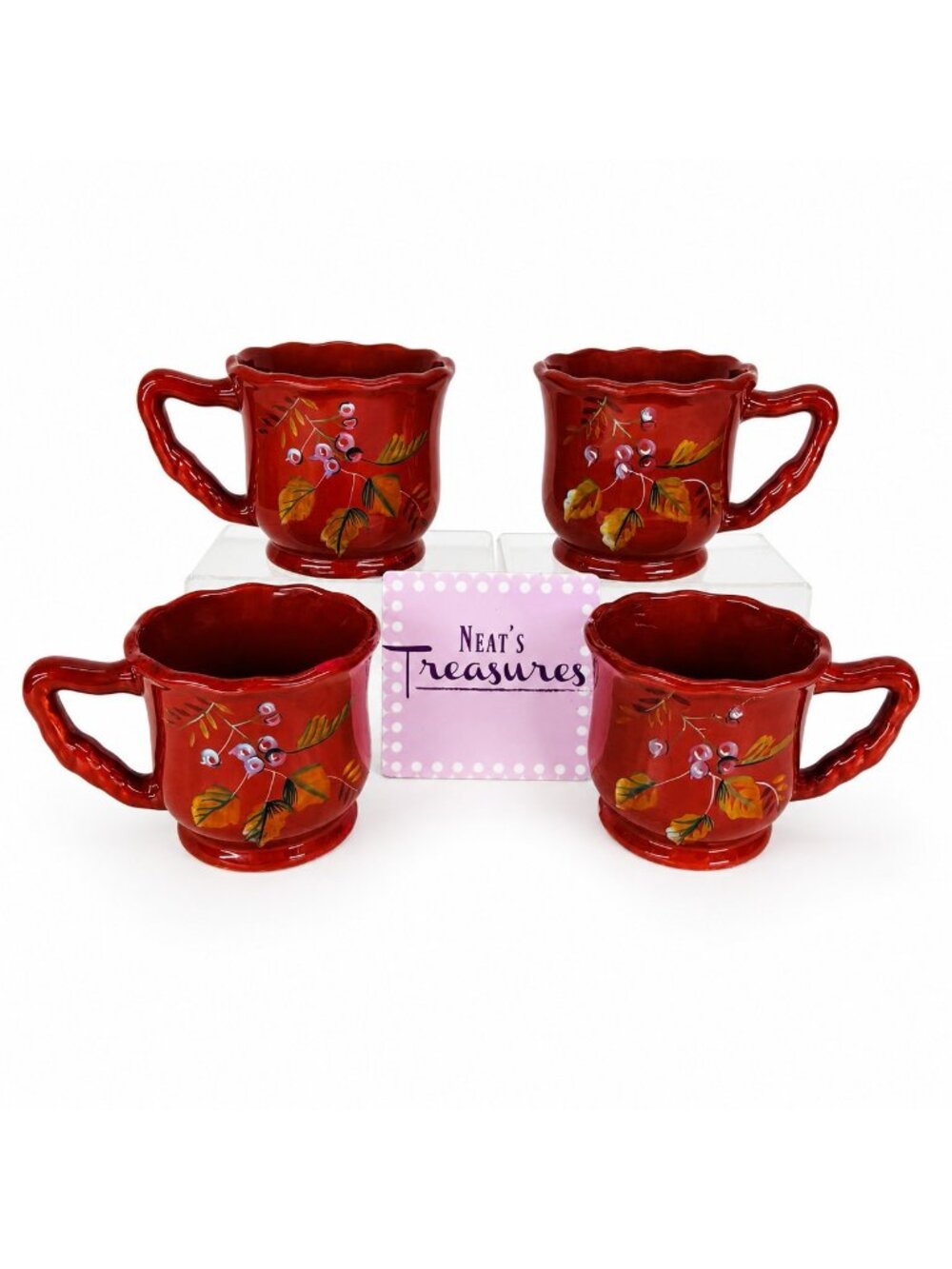 Home Trends ARCADIA Red Background Various Floral Berry 12oz Cup Mug Set 4 FLAW